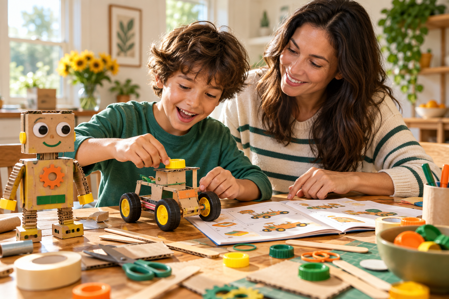 A child and parent building a cardboard robotics project together