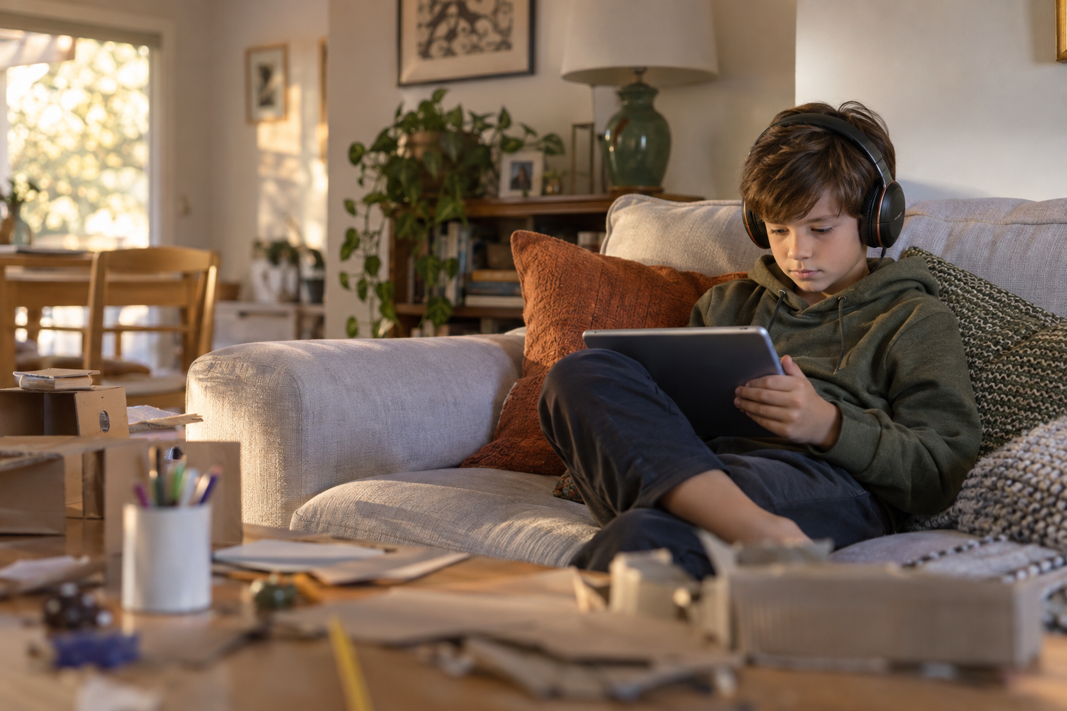 A child absorbed in passive screen time on a tablet while wearing headphones